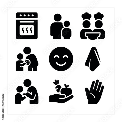 Family Kitchen Icons. Solid, filled icons set of family-friendly kitchen fun: cozy oven, parent icon, kid icon