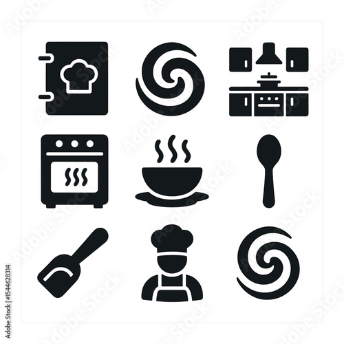 Creative Kitchen Icons. Solid, filled icons set of creative kitchen recipes: recipe book, flavor swirl, cozy