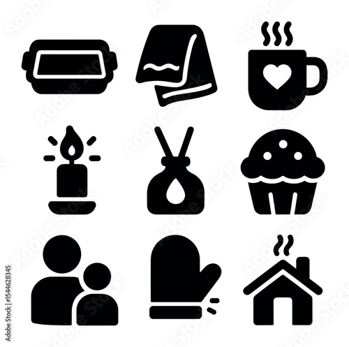 Cozy Baking Icons. Solid, filled icons set of homemade baking and cozy kitchen: baking pan, warm towel, cozy