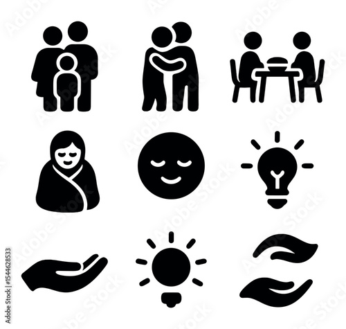 Family Bonding Icons. Solid, filled icons set of family bonding and warm moments: family icon, cozy hug,