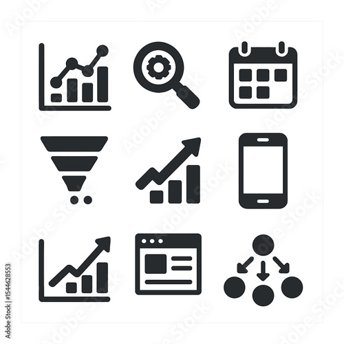 Digital Marketing Icons. Solid, filled icons set of digital marketing strategy planning: analytics chart, SEO