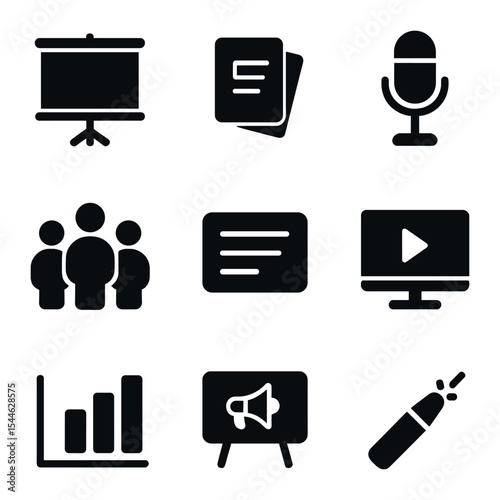 Marketing Tools Icons. Solid, filled icons set of marketing pitch preparation: presentation screen, pitch deck