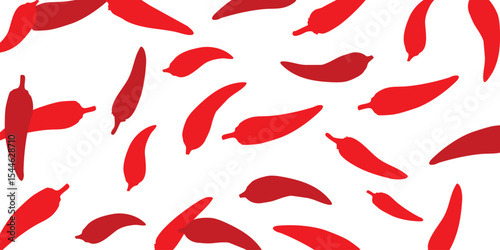Flat-style red chili peppers with diverse curves and lengths, arranged neatly over a white background. Great for culinary graphics, recipe apps, or restaurant branding materials.