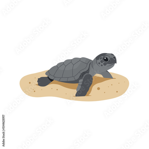 Cartoon Sea Turtle Hatchling Crawling on Sandy Beach Gray Shell and Flippers.