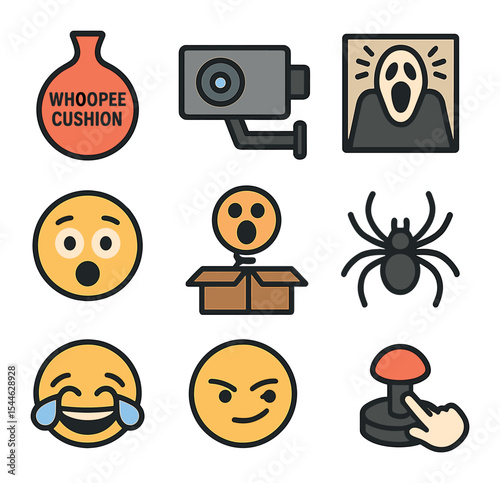 Prank Culture Icons. Flat icon set of prank culture: whoopee cushion, hidden camera, jump scare icon, shocked
