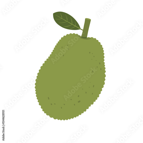 Single Green Jackfruit with Leaf and Stem Illustration.