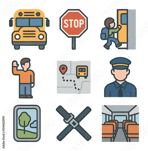 School Bus Icon Set. Flat icon set of school bus scenes: school bus front, stop sign, boarding child, waving