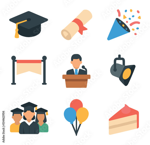 Graduation Celebration Icons. Flat icon set of graduation parties: graduation cap, rolled diploma, podium
