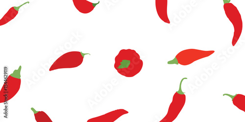 A collection of flat red chili illustrations in various shapes and sizes, displayed on a clean white background. Perfect for food icons, web, or spice-themed designs.