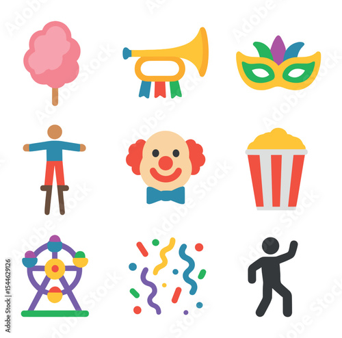 Street Carnival Icons. Flat icon set of street carnivals: cotton candy, parade trumpet, colorful mask, stilt