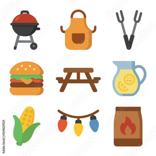 Backyard BBQ Icons. Flat icon set of backyard BBQ gatherings: grill, apron, barbecue tongs, hamburger, picnic