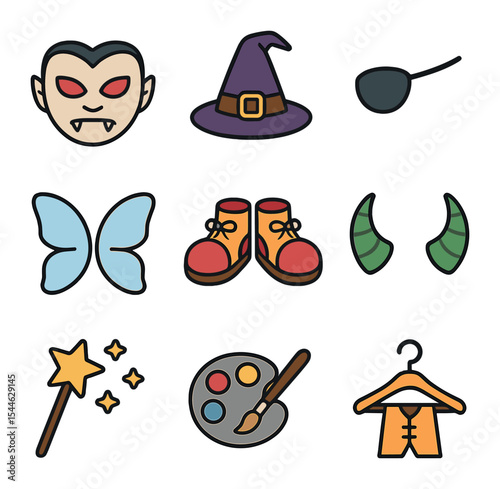 Costume Party Icons. Flat icon set of costume parties: vampire mask, witch hat, pirate eyepatch, fairy wings,