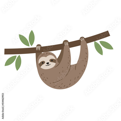 Cartoon Sloth Hanging Upside Down on a Branch with Green Leaves.