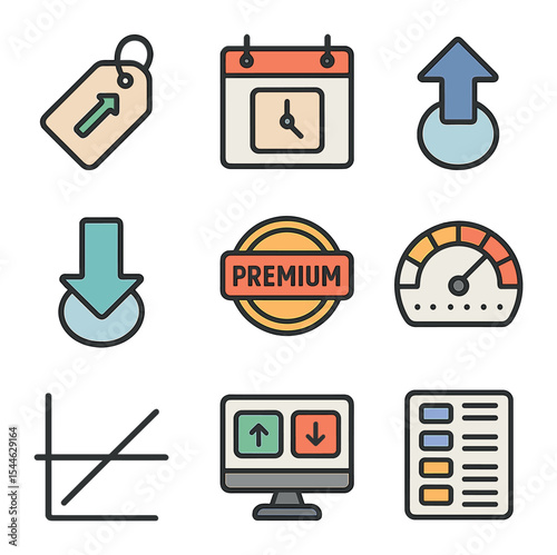 Options Trading Icons. Flat icon set of options trading: strike price tag, expiry calendar, call symbol, put