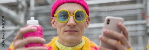 Eccentric urban explorer, Caucasian male, dons vivid neon attire while capturing fleeting moments of Guerrilla Selfie Day in the cityscape