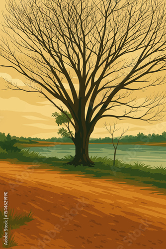 The image depicts a serene natural landscape with a prominent large tree in the foreground. The tree is tall with numerous bare branches, indicating a season like autumn or winter. Behind the tree lie