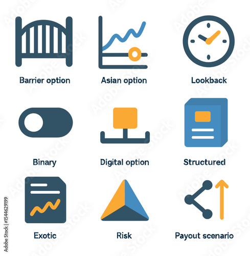 Exotic Derivatives Icons. Flat icon set of exotic derivatives: barrier option gate, Asian option chart,