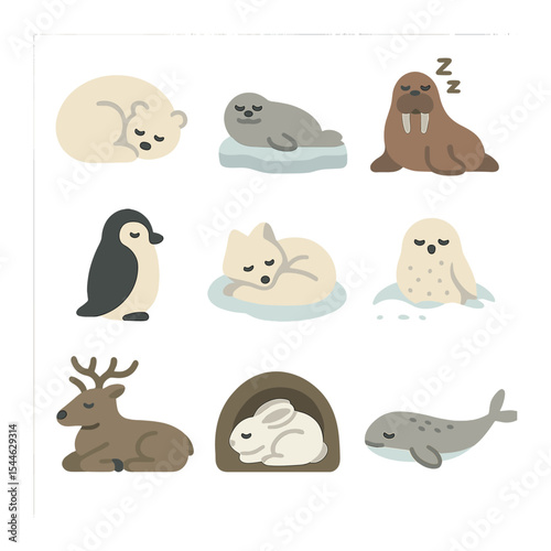 Arctic Animals Icons. Flat icon set of arctic animals sleeping: polar bear curled, seal on ice, walrus snoring