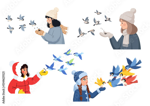 Joyful girl feeding colorful birds in a bright winter illustration with copy space