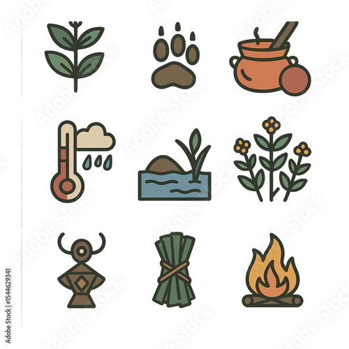 Indigenous Nature Icons. Flat icon set of indigenous nature knowledge: medicinal plant, animal track, natural