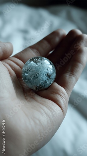 Ethereal frost crystal orb nestles tenderly in a palm, conjuring winter solstice reveries and hidden snowflake magic