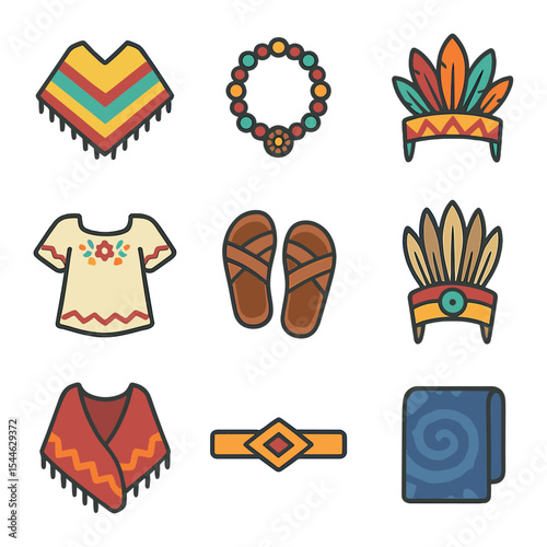 Traditional Clothing Icons. Flat icon set of traditional clothing symbols: woven poncho, bead necklace,
