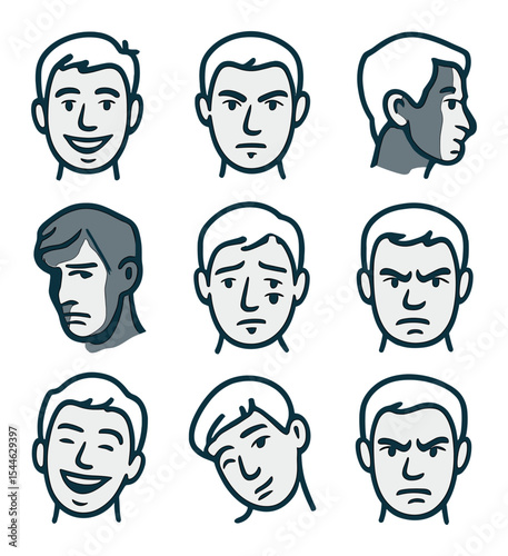 Expressive Icon Grid. Flat icon set of expressive portrait sketches: smiling face, serious gaze, profile view,