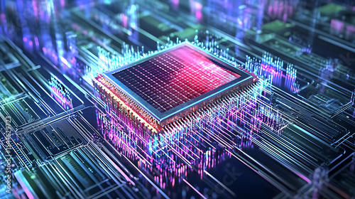 A computer chip is shown in a colorful, futuristic setting