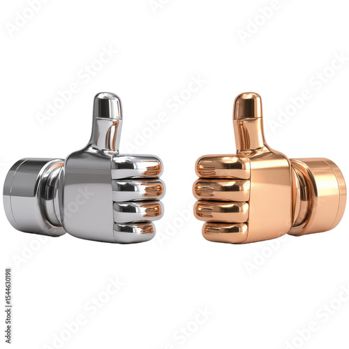 Two metallic thumbs-up sculptures, one in silver and one in gold, facing each other with a reflective polished finish.