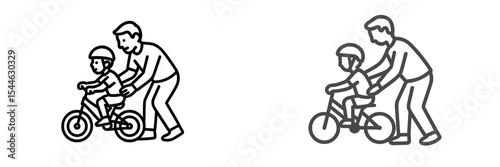 Father teaches son to ride a bicycle in a park during a sunny afternoon