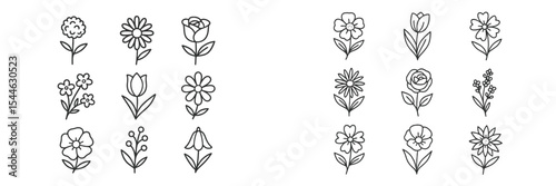 Various hand-drawn floral designs featuring different types of flowers in simple outlines on a white background