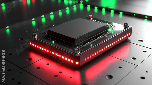 A computer chip is lit up with red and green lights