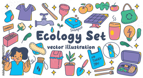 Vector Ecology Doodle Elements for Environmental Awareness and Sustainable Living