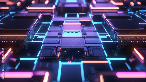 A computer chip is shown in a neon color scheme
