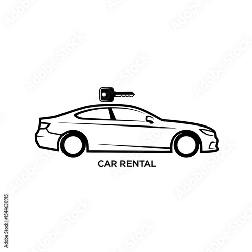Minimalist Car Rent Logo, Side View of a Sleek Car With a Key Icon, Black Outline, Vector Illustration