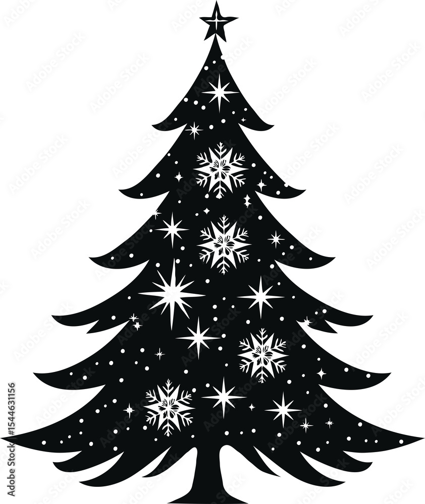 Obraz premium Black Christmas tree silhouette with snowflakes and stars.