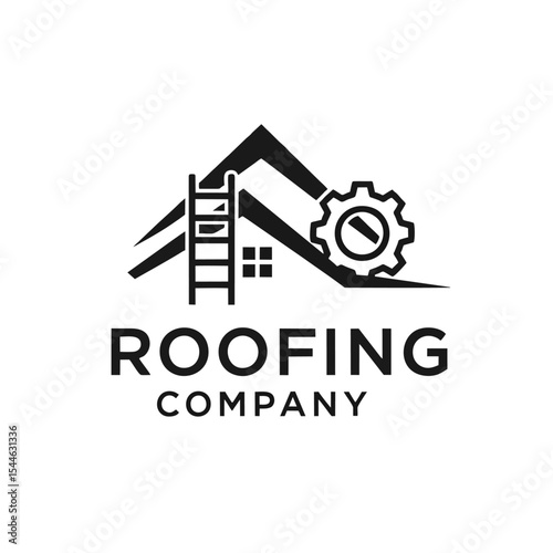 Clean Roofer Logo for Roofing Company, Abstract Roof Shape Combined With a Ladder and Gear Icon, Black Outline