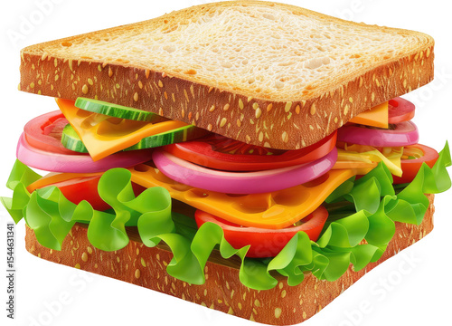 Close-up of a colorful sandwich with various fillings.