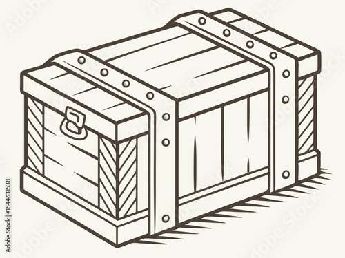 Illustration of wooden packaging box with metal straps and latch, vintage style, copy space