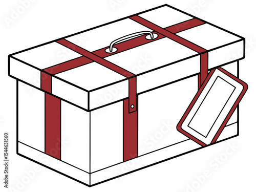 Illustration of a packaging box with straps and a tag, colorful design, copy space
