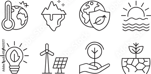 Global climate change and environmental sustainability icons with renewable energy and eco-friendly solutions