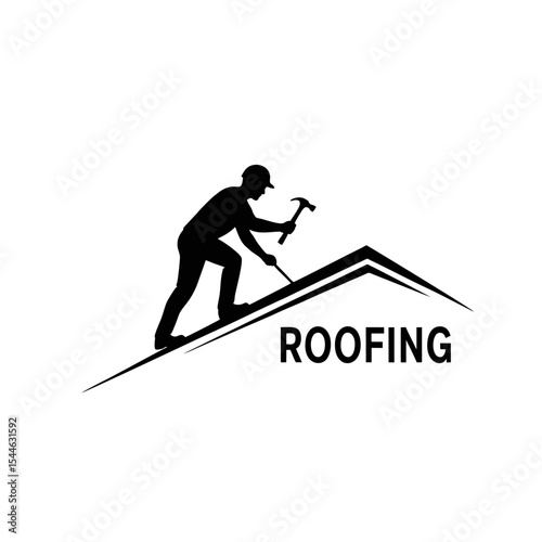 Minimalist Roofer Logo, Silhouette of a Man Fixing a Sloped Roof With a Hammer, Black Line Art