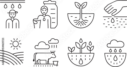 Sustainable agriculture and water management icons for farming, food production, and environmental care