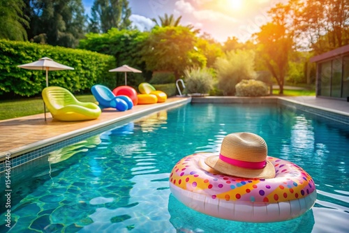 A pool with a hat and a float on it
