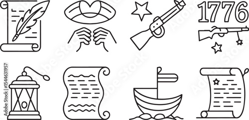 American Revolution and Independence Day icons: historical documents, quill, rifle, and 1776 symbols