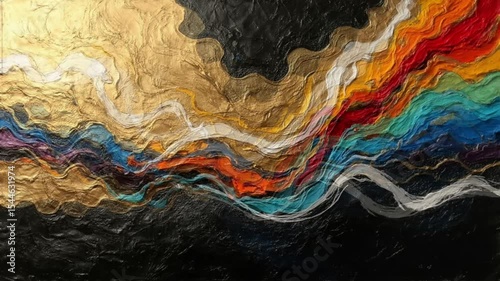 Abstract Colorful Waves: An abstract painting of vibrant, flowing colors, with textures resembling waves. Gold accents add luxury and depth to this piece.