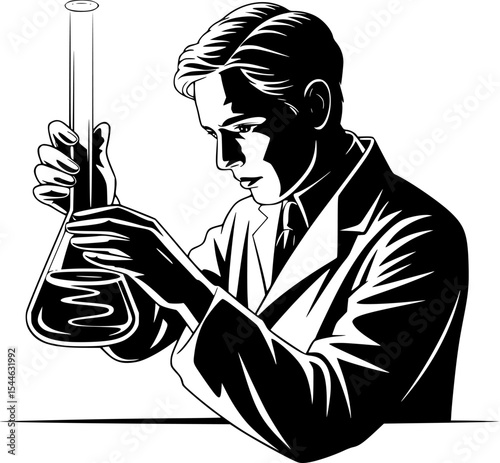 Minimalist black and white silhouette vector of a chemist examining a beaker in laboratory, science research, lab technician, chemical analysis, clean line art, vector illustration on white background