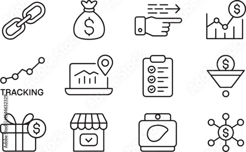 Digital marketing and e-commerce icons: tracking, finance, sales, and online business strategy