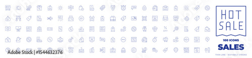 100 Sales Icons Collection. Thin line icon. Editable stroke. gift, discount, bestoffer, cut, percent, Frame, onlineshopping, calendar, offer, coupon, bill, growth