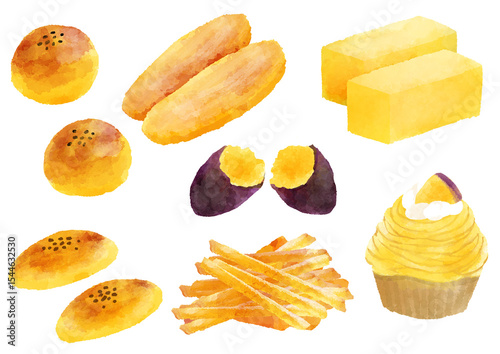 さつまいもスイーツのイラスト　手描き　水彩風